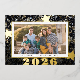 Gelukkig Nieuwjaar 2026 Ster Confetti Foto Folie Feestdagenkaart