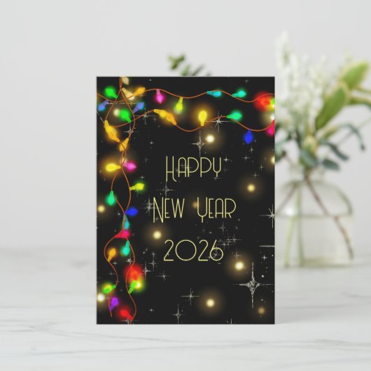Gelukkig nieuwjaar 2026, sterren en lichtslingers feestdagenkaart (Staand voorkant)