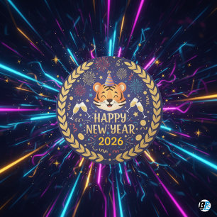 Gelukkig Nieuwjaar 2026 Tijger Feestviering Party Ronde Sticker