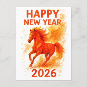 Gelukkig Nieuwjaar 2026 Vuur Paard Aquarel Ansicht Feestdagenkaart