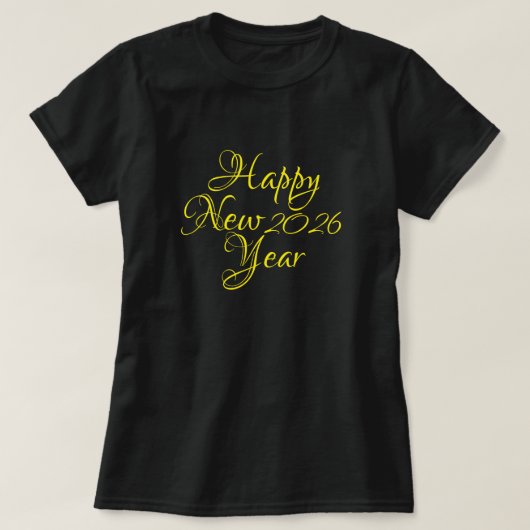 Gelukkig Nieuwjaar 2026 Zwart en Geel Script T-shirt (Design voorkant)