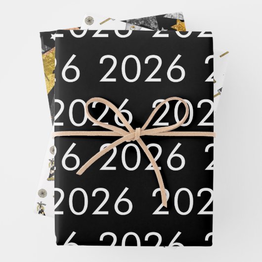 Gelukkig Nieuwjaar 2026 Zwart Wit Goud Confetti Inpakpapier Vel (In situ)
