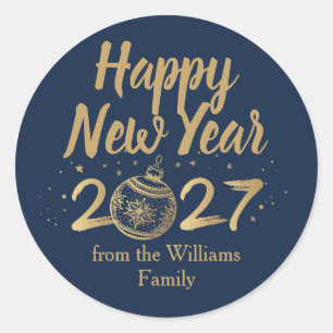 Gelukkig Nieuwjaar 2027 Chic Navyblauw Goud Aangep Ronde Sticker