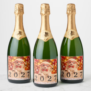 Gelukkig Nieuwjaar 2027 Jaar van de Geit Schaap Sparkling Wijnetiket