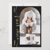 Gelukkig Nieuwjaar 3 foto boog modern script goud Feestdagenkaart (Voorkant)