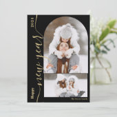 Gelukkig Nieuwjaar 3 foto boog modern script goud Feestdagenkaart (Staand voorkant)