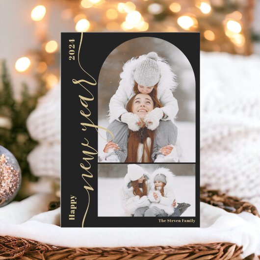 Gelukkig Nieuwjaar 3 foto boog modern script goud Feestdagenkaart