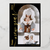 Gelukkig Nieuwjaar 3 foto boog modern script goud Folie Feestdagenkaart (Voorkant)