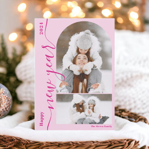 Gelukkig Nieuwjaar 3 foto boog modern script heet Feestdagenkaart