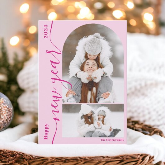 Gelukkig Nieuwjaar 3 foto-boog moderne script hete Feestdagenkaart