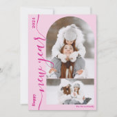 Gelukkig Nieuwjaar 3 foto-boog moderne script hete Feestdagenkaart (Voorkant)