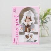 Gelukkig Nieuwjaar 3 foto-boog moderne script hete Feestdagenkaart (Staand voorkant)