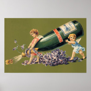 Gelukkig Nieuwjaar, antieke engelen met champagne Poster