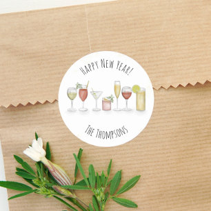 Gelukkig Nieuwjaar Aquarel Cute Cocktail Dranken Ronde Sticker