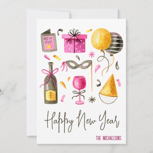 Gelukkig Nieuwjaar Aquarel Feestdagenkaart (Voorkant)