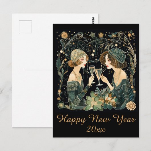  Gelukkig Nieuwjaar Art Deco Dames Briefkaart (Voorkant / Achterkant)