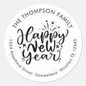 Gelukkig Nieuwjaar Artsy Script Return Naam Adres Ronde Sticker (Voorkant)