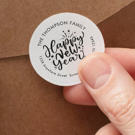Gelukkig Nieuwjaar Artsy Script Return Naam Adres Ronde Sticker