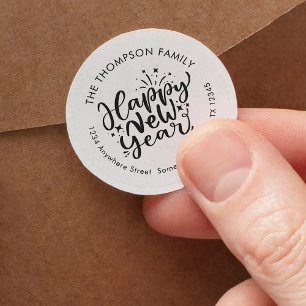 Gelukkig Nieuwjaar Artsy Script Return Naam Adres Ronde Sticker