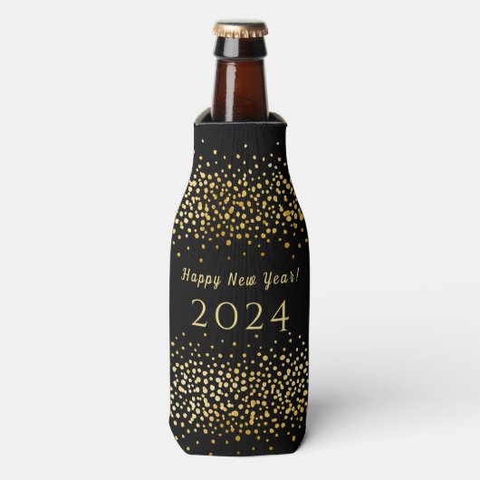 Gelukkig Nieuwjaar Black Faux Gold Confetti Vakant Flesjeskoeler (Fles Voorkant)