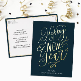Gelukkig Nieuwjaar Blauw Goud Script Modern Busine Folie Feestdagen Briefkaart