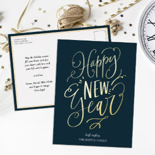 Gelukkig Nieuwjaar Blauw Goud Script Modern Non Ph Folie Feestdagen Briefkaart
