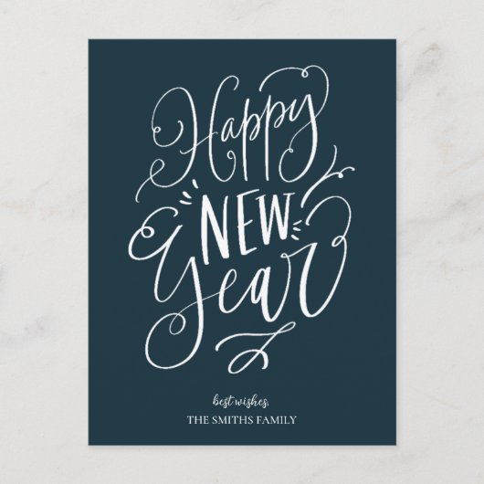 Gelukkig Nieuwjaar Blauw Script Modern Non Photo Feestdagenkaart (Voorkant)