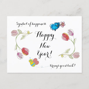 Gelukkig Nieuwjaar bloemen en symbool van geluk Briefkaart
