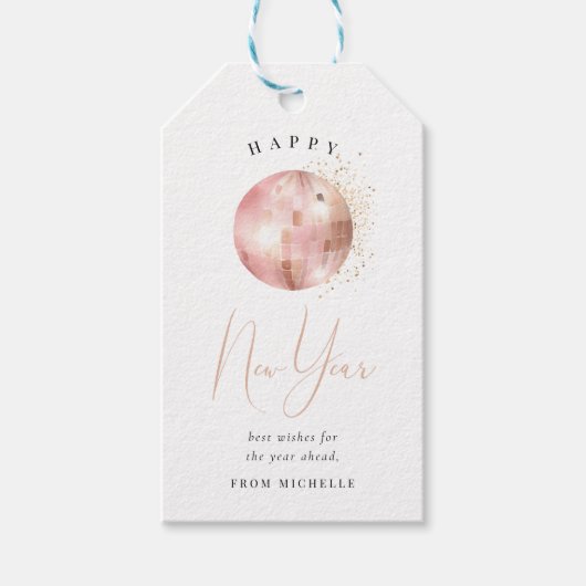 Gelukkig Nieuwjaar Blush Roze Rose Goud Disco Bal Cadeaulabel (Voorkant)