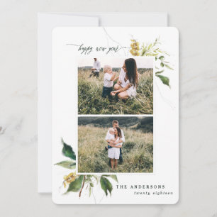 Gelukkig nieuwjaar botanische twee foto familie feestdagenkaart