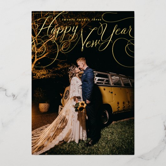 Gelukkig Nieuwjaar Calligraphy Vakantiefoto Foliek Folie Feestdagenkaart (Voorkant)