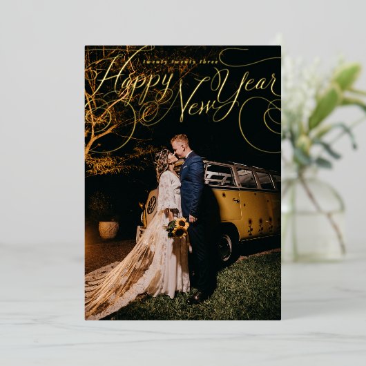 Gelukkig Nieuwjaar Calligraphy Vakantiefoto Foliek Folie Feestdagenkaart (Staand Voorkant)