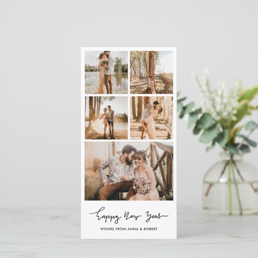 Gelukkig Nieuwjaar Casual Script Multi Photo Colla Feestdagenkaart (Staand voorkant)