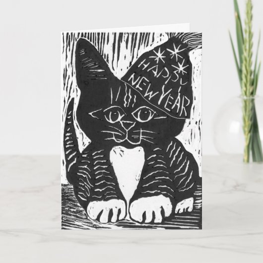 Gelukkig Nieuwjaar Cat Block Print Feestdagen Kaart (Voorkant)