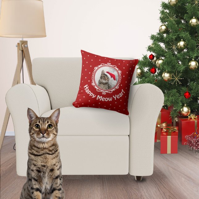 "Gelukkig Nieuwjaar!" Cat Lover Christmas Custom Kussen (Red Christmas pillow with a picture of your cat.)
