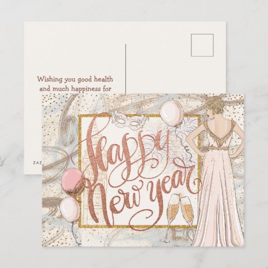 Gelukkig Nieuwjaar Champagne, ballonnen, elegante  Briefkaart (Voorkant / Achterkant)