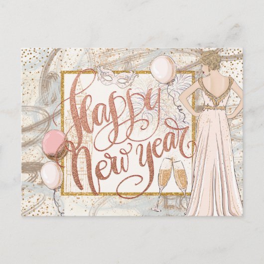 Gelukkig Nieuwjaar Champagne, ballonnen, elegante  Briefkaart (Voorkant)