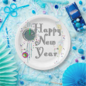 Gelukkig Nieuwjaar - Champagne Glasses and Clock Papieren Bordje (Feest)