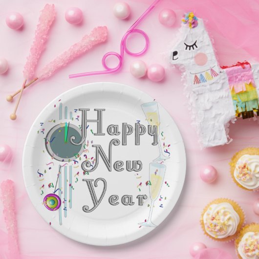 Gelukkig Nieuwjaar - Champagne Glasses and Clock Papieren Bordje (Feest)
