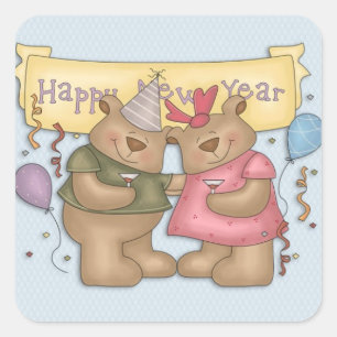 Gelukkig Nieuwjaar, Cute Beren Vierkante Sticker