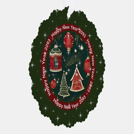 Gelukkig Nieuwjaar: donkerrood bos groen gepersona Ornament Kaart (Rechts)