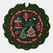 Gelukkig Nieuwjaar: donkerrood bos groen gepersona Ornament Kaart (Achterkant)