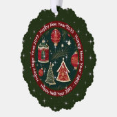 Gelukkig Nieuwjaar: donkerrood bos groen gepersona Ornament Kaart (Links)