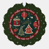 Gelukkig Nieuwjaar: donkerrood bos groen gepersona Ornament Kaart (Voorkant)