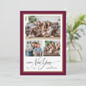 Gelukkig Nieuwjaar Eenvoudig Elegant Script 3 foto Feestdagenkaart (Staand voorkant)
