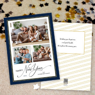 Gelukkig Nieuwjaar Eenvoudig Elegant Script 3 foto Feestdagenkaart