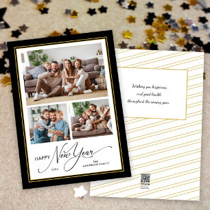 Gelukkig Nieuwjaar Eenvoudig Elegant Script 3 foto Feestdagenkaart
