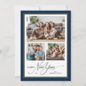 Gelukkig Nieuwjaar Eenvoudig Elegant Script 3 foto Feestdagenkaart (Voorkant)