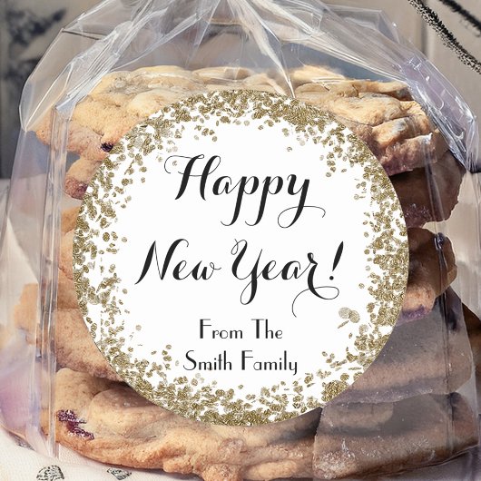 Gelukkig Nieuwjaar Eenvoudig Goud en Wit Ronde Sticker