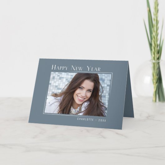 Gelukkig Nieuwjaar Elegant Eenvoudig Slate Blauw F Feestdagen Kaart (Voorkant)